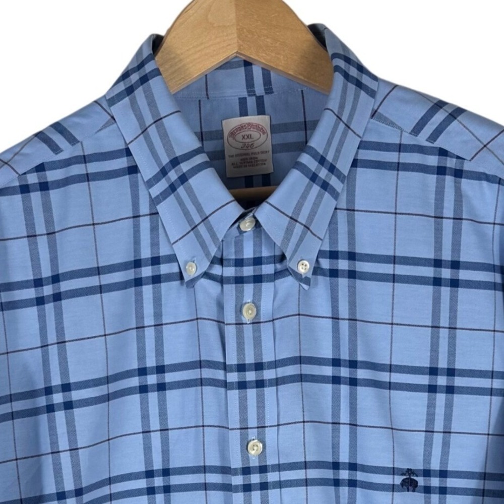 Brooks Brothers 346 Mens XXL Blue Plaid Non-Iron Supima Cotton Button Down Shirt